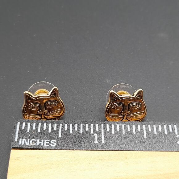 Laurel Burch Cat Face Post Earrings Gold Plated Black Enamel Vintage 1980s - Picture 10 of 10